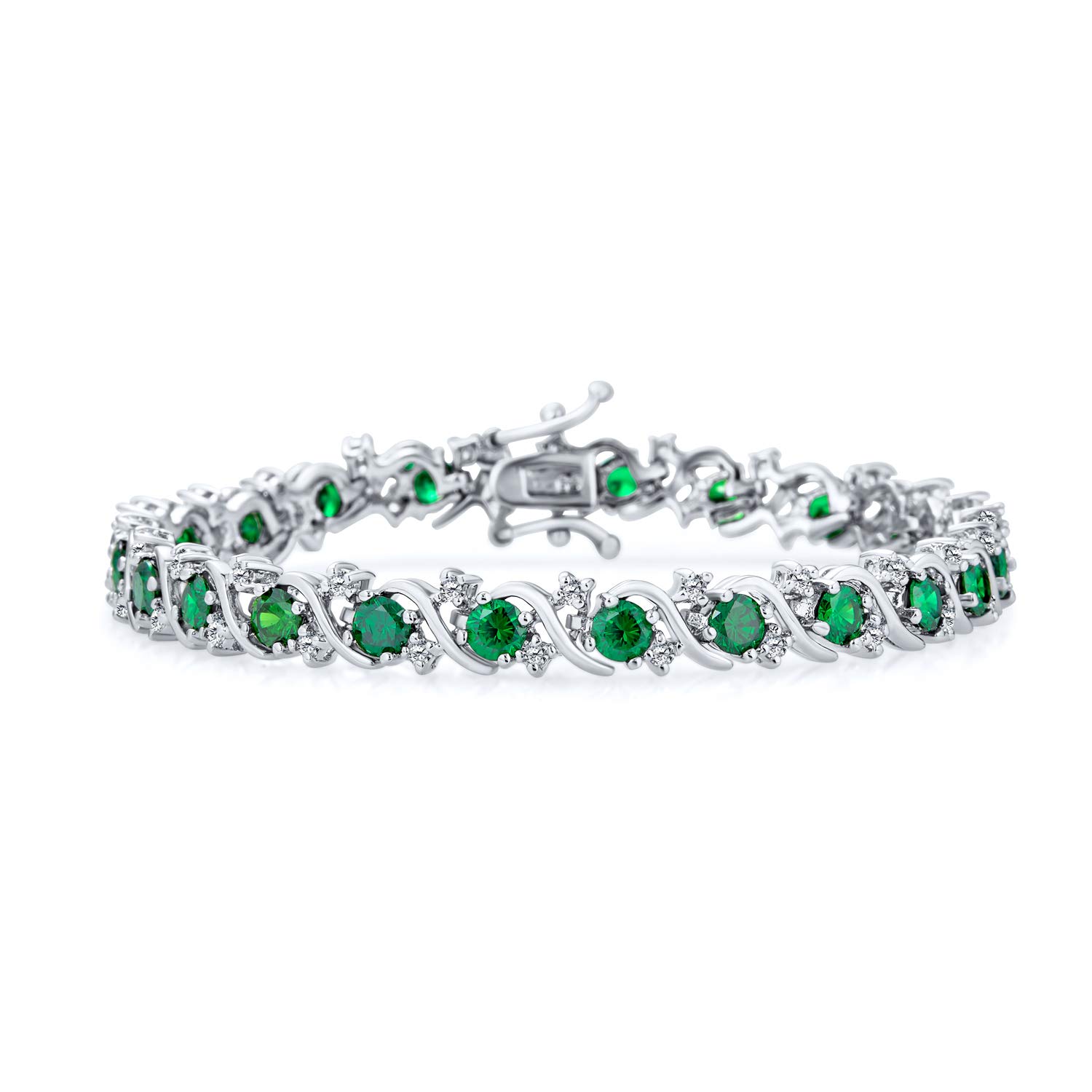 Bling Jewelry Fancy Prong Set Solitaire Round Cubic Zirconia Simulated Emerald Green AAA CZ Wave Tennis Bracelet For Women Prom Bride Silver Plated 7 Inch