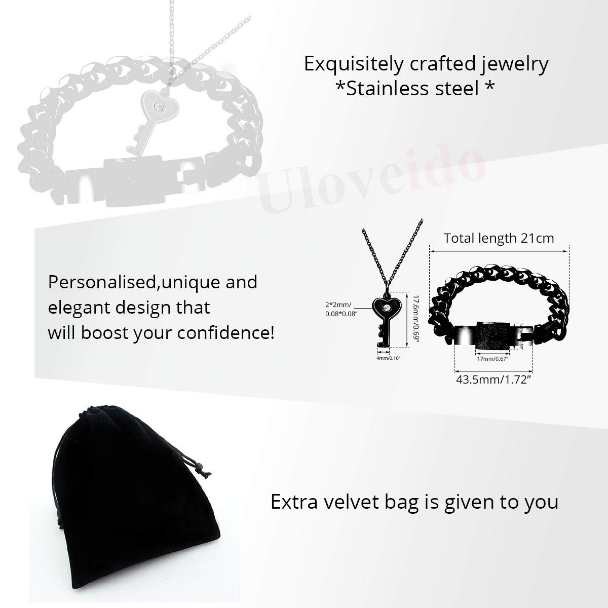 Uloveido Black Stainless Steel Couples Lock Bracelet and Key Pendant Necklace Matching Jewelry Set for Girlfriend Boyfriend Y808 (Black)