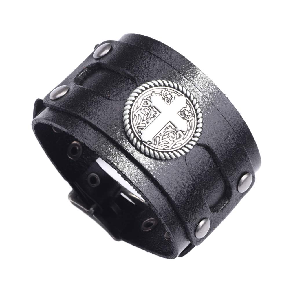 Nsitbbuery Hip Hop Jewelry Metal Cross Disc Belt Buckle Bracelet Wide Leather Wristband Bracelet(Black)