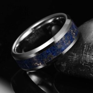 Vakki 8mm Lapis Lazuli Tungsten Carbide Ring Beveled Edges Wedding Band Comfort Fit Size 9