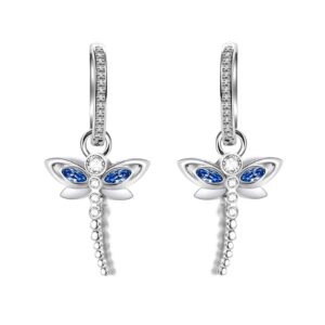 AOBOCO Dragonfly Earrings Sterling Silver Hoop Earrings with Simulated Light Sapphire Crystals from Austria, Adorable Insects in The Garden Series, Hypoallergenic Dragonfly Jewelry Gifts for Women