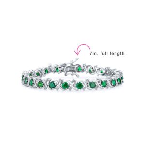 Bling Jewelry Fancy Prong Set Solitaire Round Cubic Zirconia Simulated Emerald Green AAA CZ Wave Tennis Bracelet For Women Prom Bride Silver Plated 7 Inch