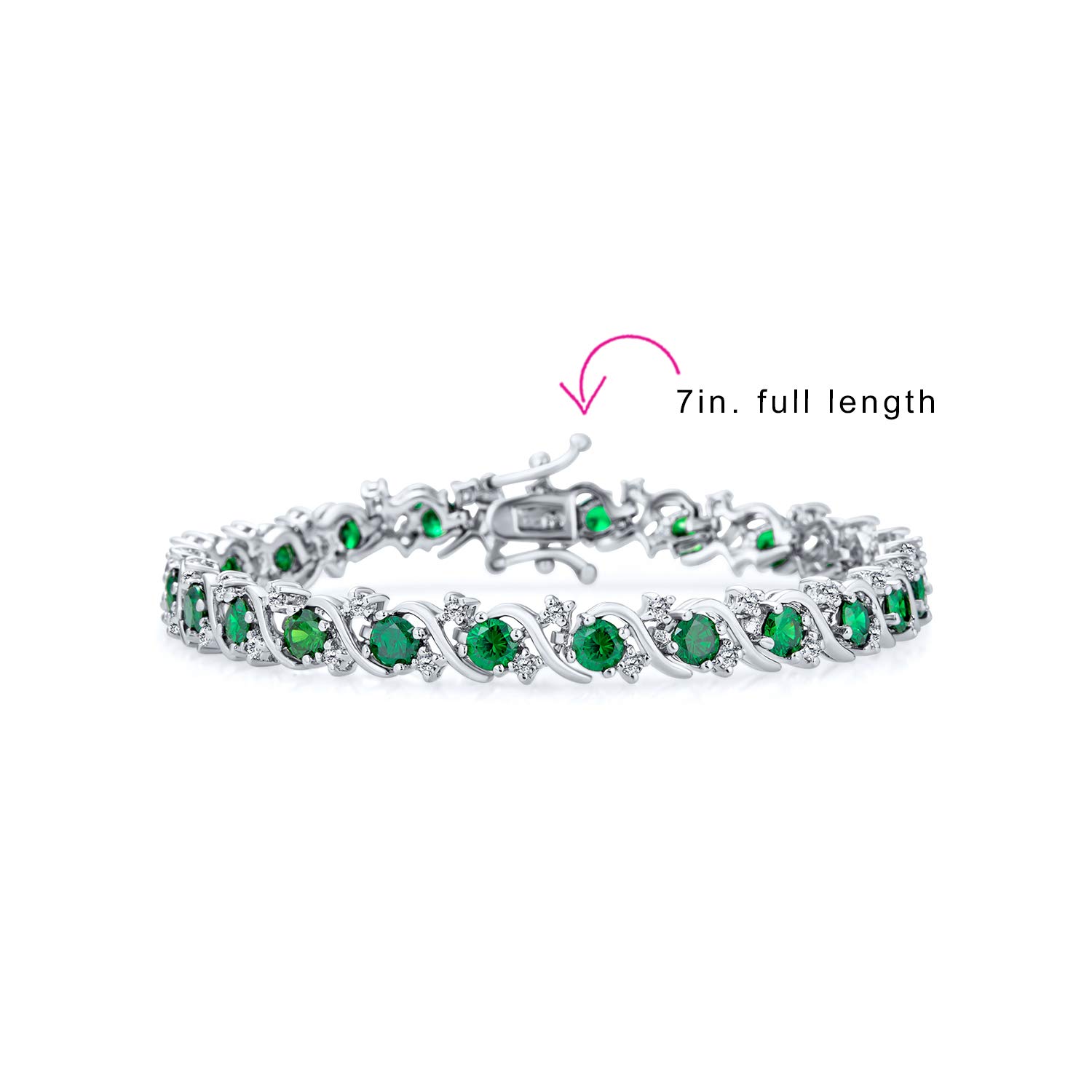 Bling Jewelry Fancy Prong Set Solitaire Round Cubic Zirconia Simulated Emerald Green AAA CZ Wave Tennis Bracelet For Women Prom Bride Silver Plated 7 Inch