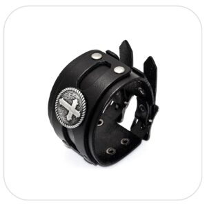 Nsitbbuery Hip Hop Jewelry Metal Cross Disc Belt Buckle Bracelet Wide Leather Wristband Bracelet(Black)