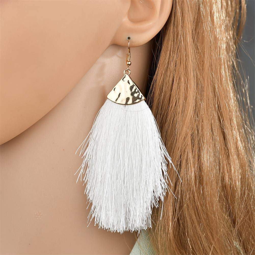 Fashion Bohemian Silky Thread Fan Fringe Tassel Statement Earrings - Lightweight Strand Feather Shape Dangles Earring 4 pcs (Black+White+Beige+Dark red)