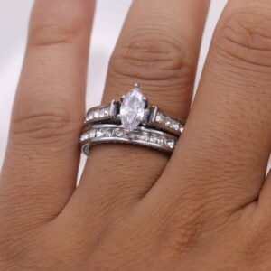 White Gold Filled Bridal Sets Marquise cut Cz Engagement Ring 2pcs Womens Wedding Ring Sets