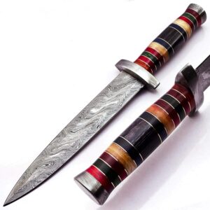 Damascus Steel Hunting Knife - Fixed Blade Knives with Sheath - Firm Grip Handle Made of Rose Wood (MD)