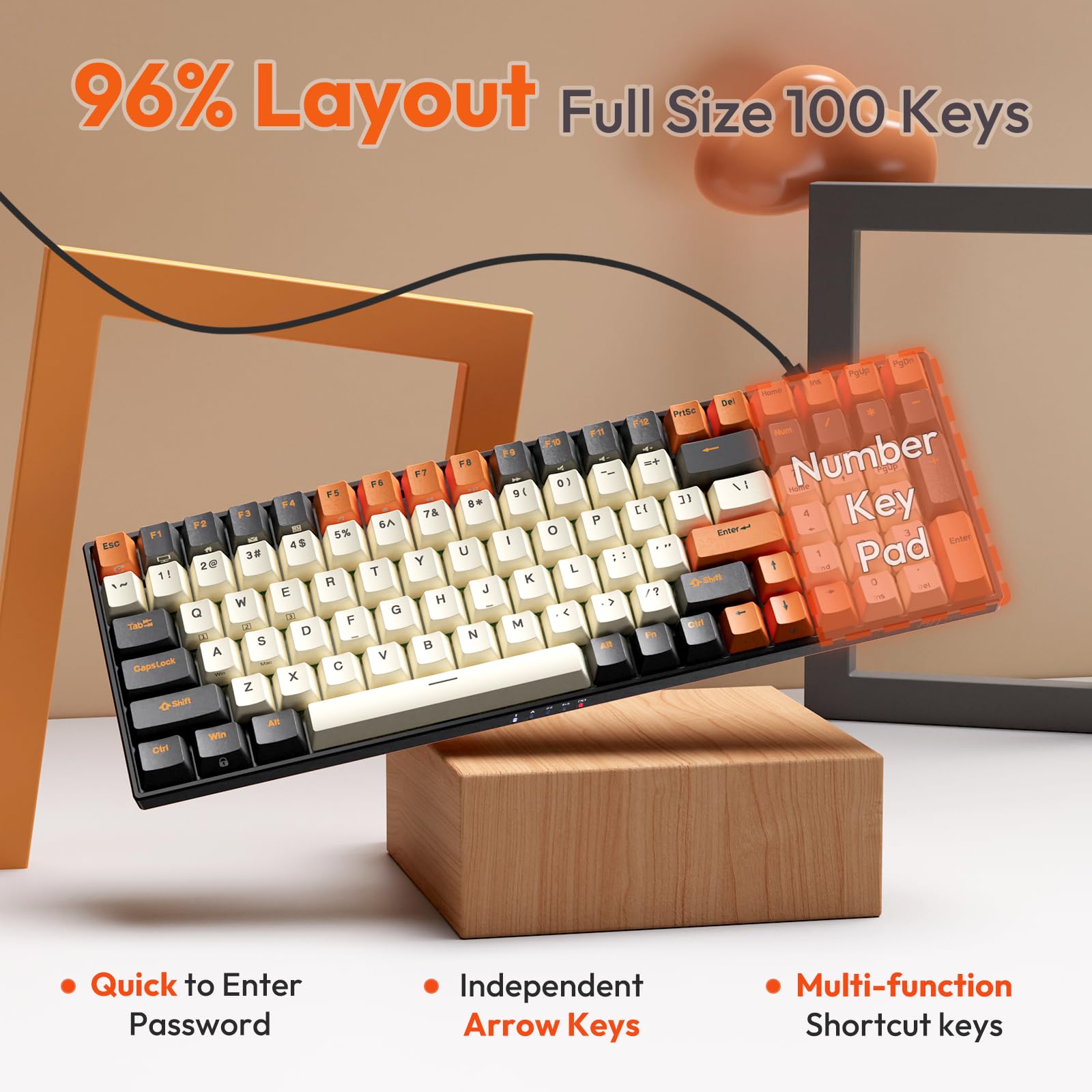 RK ROYAL KLUDGE RK100 Wireless Mechanical Keyboard RGB Backlit Bluetooth5.1/2.4G/Wired 96% Full Size 100-Key Hot Swappable Gaming Keyboard Brown Switch Carbon