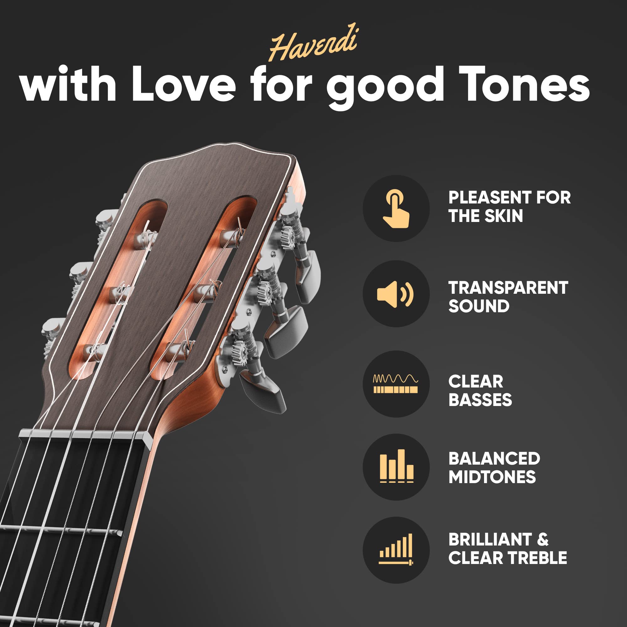 HAVENDI® Guitar Strings for classical guitar - brilliant sound quality strings made of nylon for classical guitar coated with silver (6 string set) incl. 3 picks