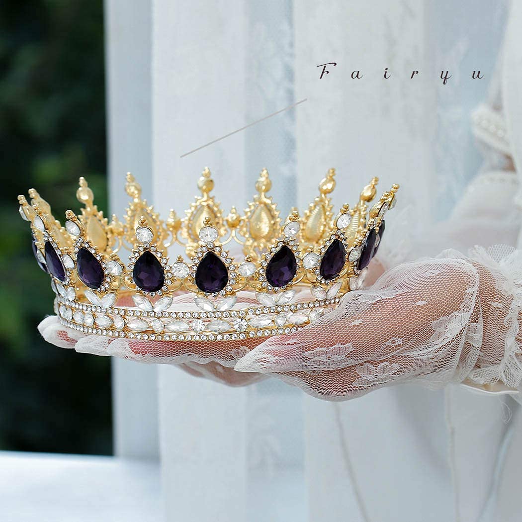 Foyte Baroque Queen Crown and Tiaras Sparkly Rhinestone Wedding Crown Bride Tiaras Princess Full Round Tiaras Headpieces for Women (Purple)