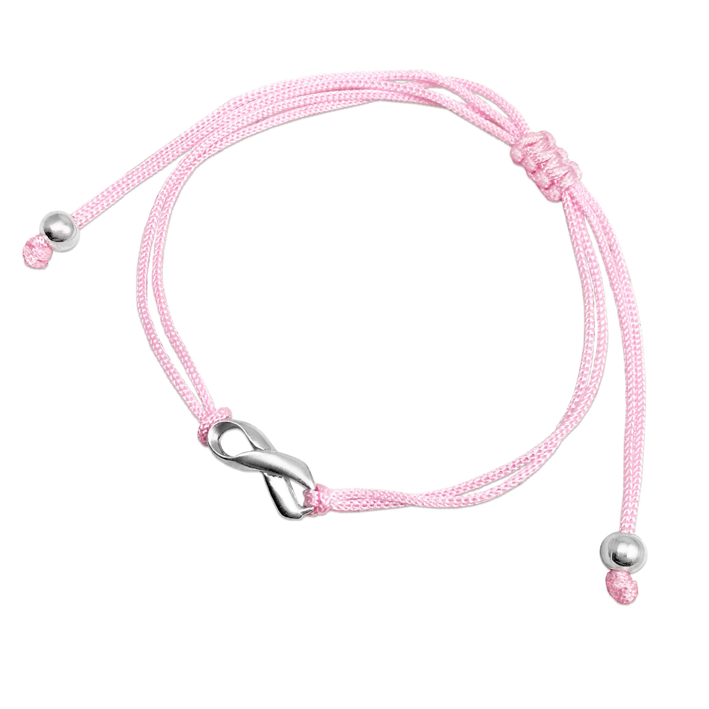 Claudia Lira Joyas Pink Breast Cancer Awareness Thread Friendship Support Bracelet, Small Handmade Sterling Silver Ribbon Shaped Charm, Adjustable Cord