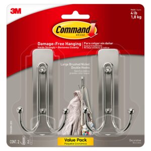 Command Large Wall Hooks, Damage Free Hanging Wall Hooks with Adhesive Strips, No Tools Double Wall Hooks for Hanging Decorations in Living Spaces, 2 Brushed Nickel Plastic Hooks and 2 Command Strips