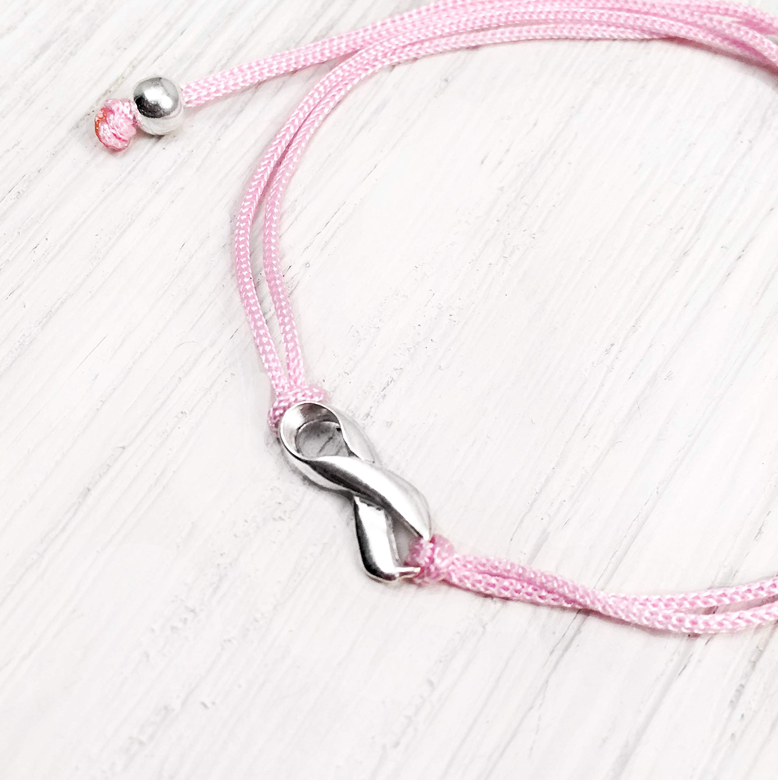 Claudia Lira Joyas Pink Breast Cancer Awareness Thread Friendship Support Bracelet, Small Handmade Sterling Silver Ribbon Shaped Charm, Adjustable Cord