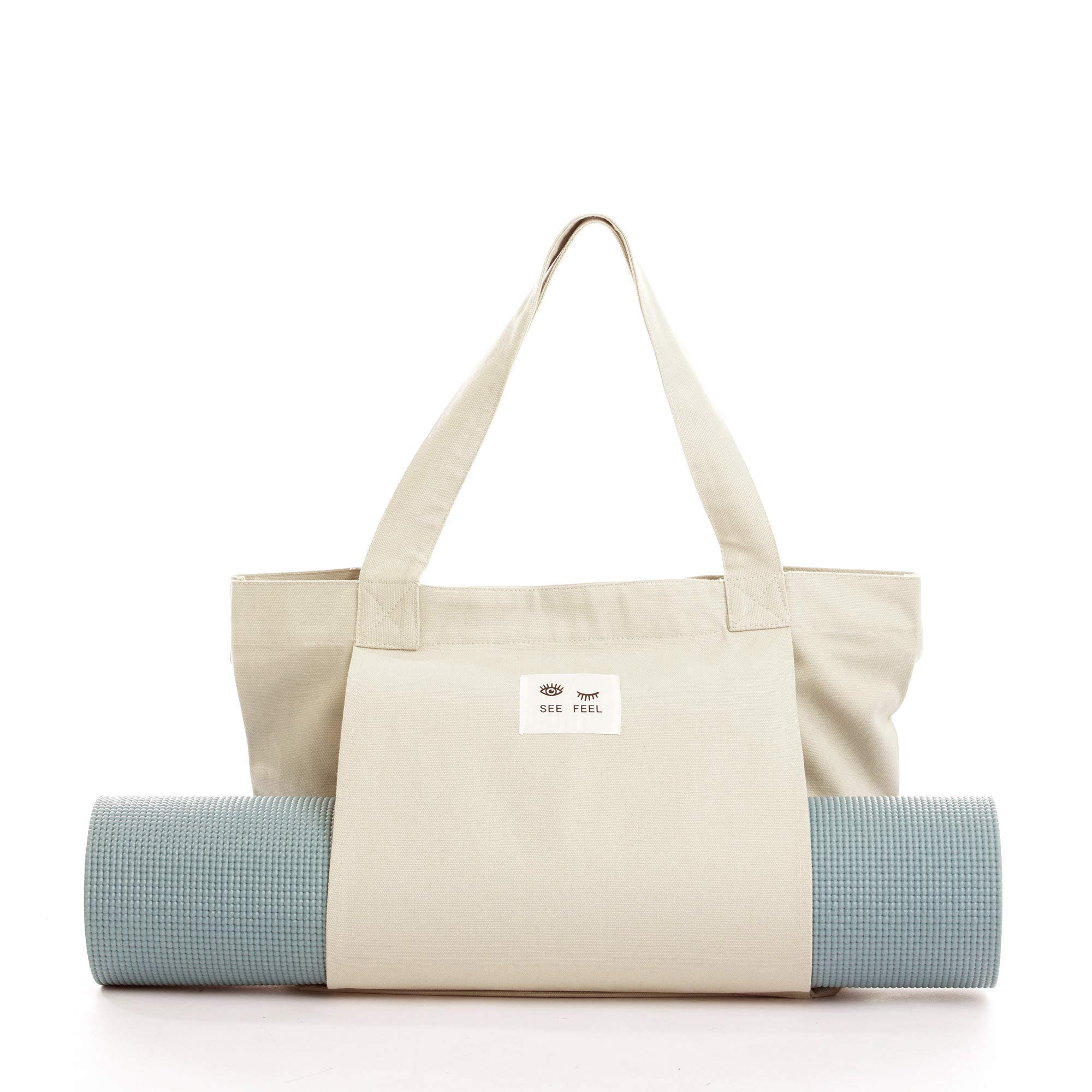 Yoga Mat Bag with Carrier Pocket Basic Canvas Tote in Natural Color