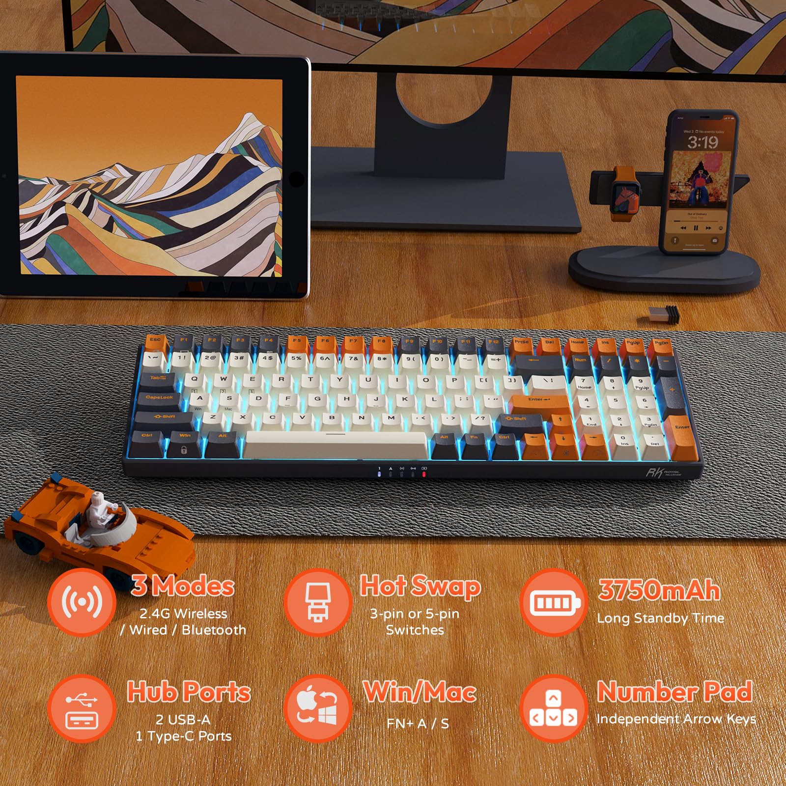 RK ROYAL KLUDGE RK100 Wireless Mechanical Keyboard RGB Backlit Bluetooth5.1/2.4G/Wired 96% Full Size 100-Key Hot Swappable Gaming Keyboard Brown Switch Carbon