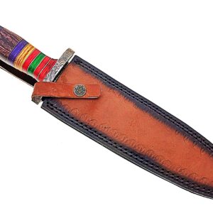 Damascus Steel Hunting Knife - Fixed Blade Knives with Sheath - Firm Grip Handle Made of Rose Wood (MD)