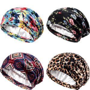 geyoga 4 pcs silk satin bonnet for sleeping women bonnet hair wrap sleep cap double layer sleeping bonnet slouchy beanie hat(black, blue and wine red, leopard, blue and pink)