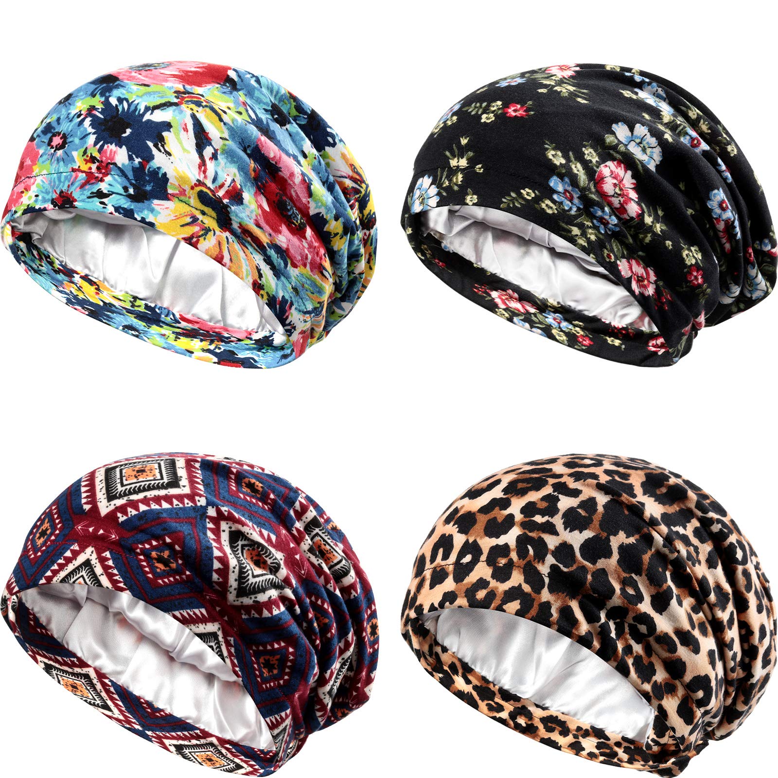 Geyoga 4 Pcs Silk Satin Bonnet for Sleeping Women Bonnet Hair Wrap Sleep Cap Double Layer Sleeping Bonnet Slouchy Beanie Hat(Black, Blue and Wine Red, Leopard, Blue and Pink)