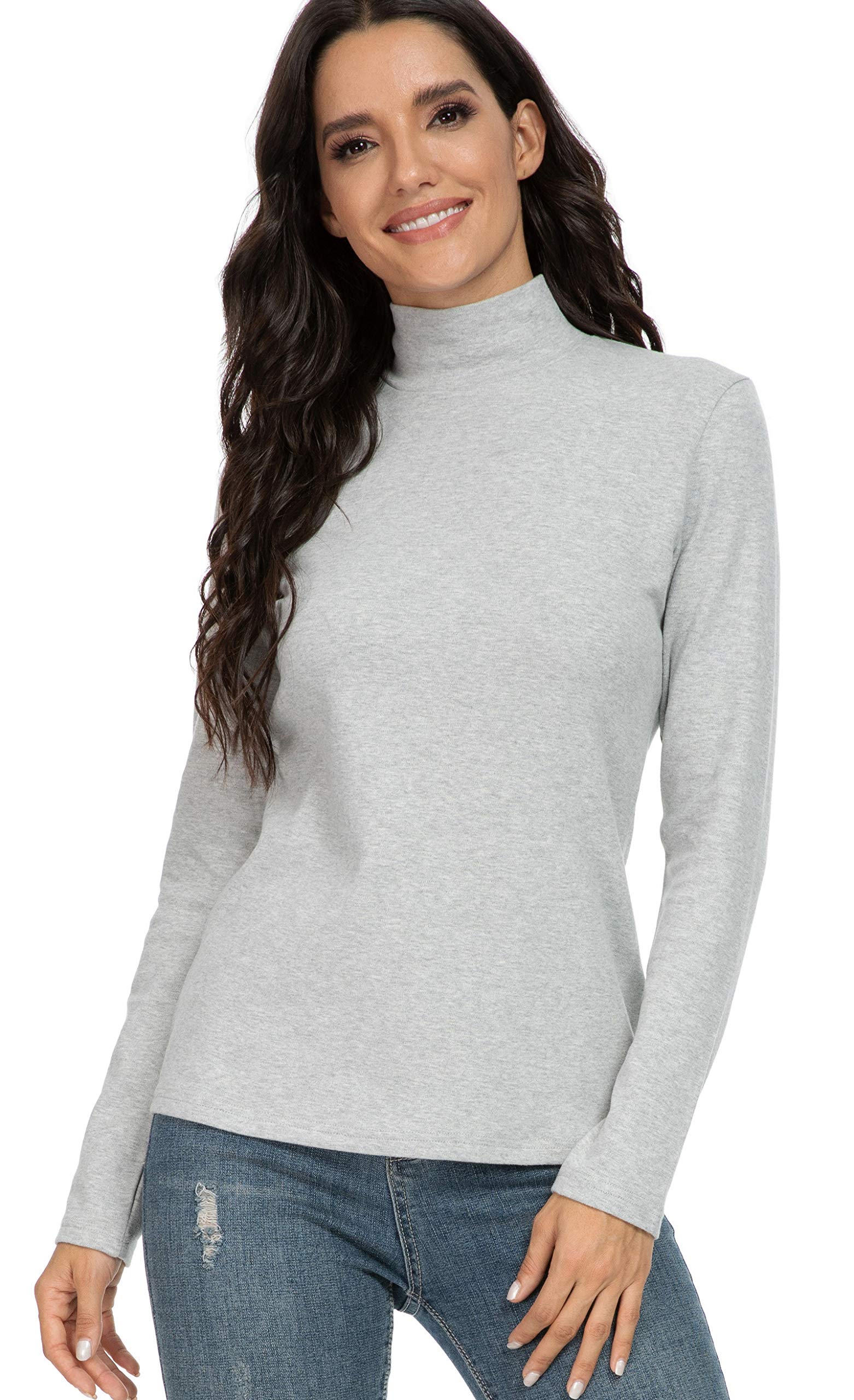 HieasyFit Women's Cotton Mock Turtle Neck Thermal Baselayer Top Light Gray Large