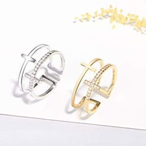 Flzaitian Simple Fashion Double Layer Cross Open Ring,Crystal Cross Finger Rings for Couple Women Girl (Silver)