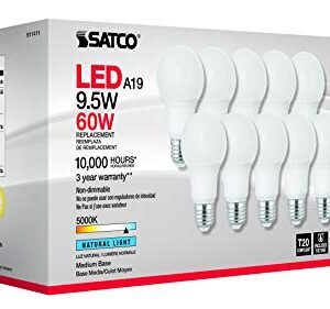 Satco S11411 9.5-Watt A19 LED Light Bulbs, 60-Watt Replacement, 5000K Natural Light, 760 Lumens, 10 Pack