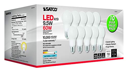 Satco S11411 9.5-Watt A19 LED Light Bulbs, 60-Watt Replacement, 5000K Natural Light, 760 Lumens, 10 Pack