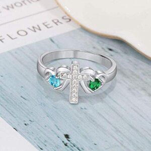 UCADRIT Personalized Cross Rings with 2 Simulated Birthstones 925 Sterling Silver Promise Customize Mother Name Ring Family Jewelry for Women (Name Ring-3)