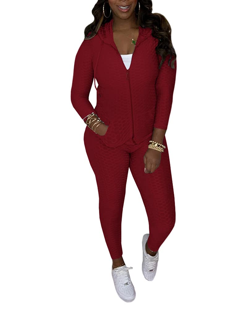 Elosele Womens Tracksuit Workout Outfits Sweatsuit - Long Sleeve Zip Up Hooded Jacket High Waist Textured Leggings Yoga Activewear Set Wine Red M