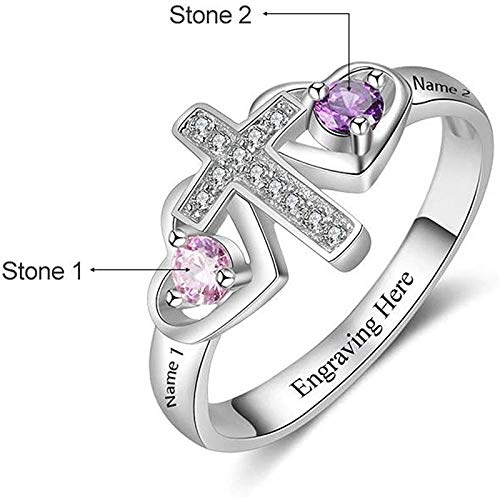 UCADRIT Personalized Cross Rings with 2 Simulated Birthstones 925 Sterling Silver Promise Customize Mother Name Ring Family Jewelry for Women (Name Ring-3)