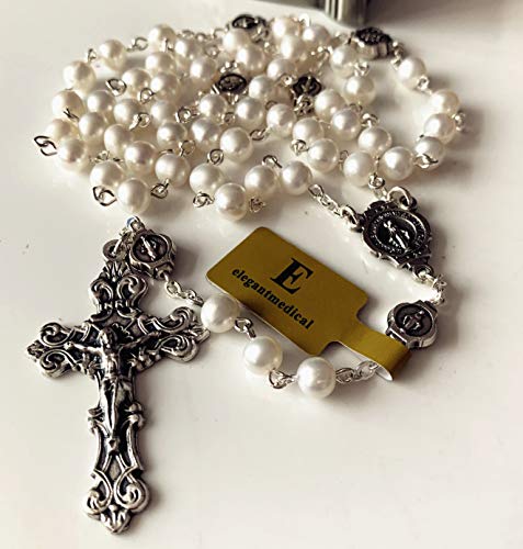 elegantmedical Handmade AAA 6MM Real Pearl Beads Catholic Our Lady Grace Rosary Cross Necklace Box Case Gifts (White)