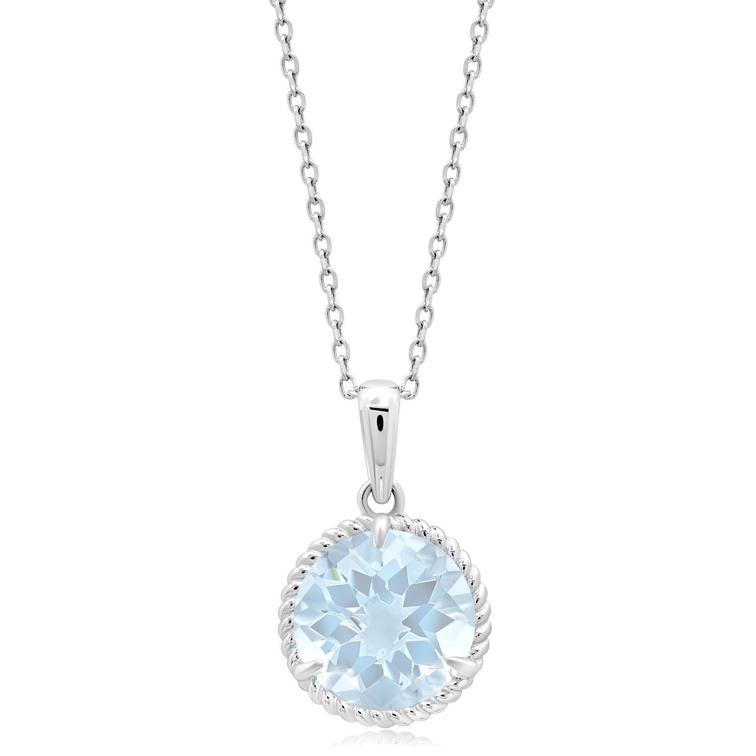 MAX + STONE 14k White Gold Roped Halo Aquamarine Round Pendant Necklace for Women 8mm Solitaire March Birthstone with 18 Inch Cable Chain