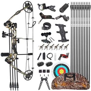 evercatch compound hunting target bow kit | usa gordon limbs | fully adjustable 24.5-31” draw 30-70lb pull | up to 315 fps & guarantee | 5 pin lighted sight, rest, quiver | w string stop | soft bag rh