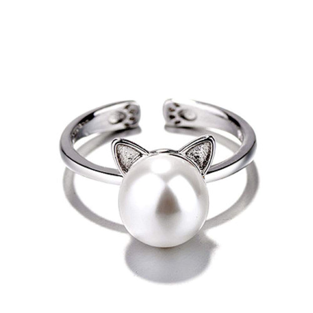 Flzaitian Cat ear pearl ring cat claw open ring cat index finger joint ring jewelry for women (White)