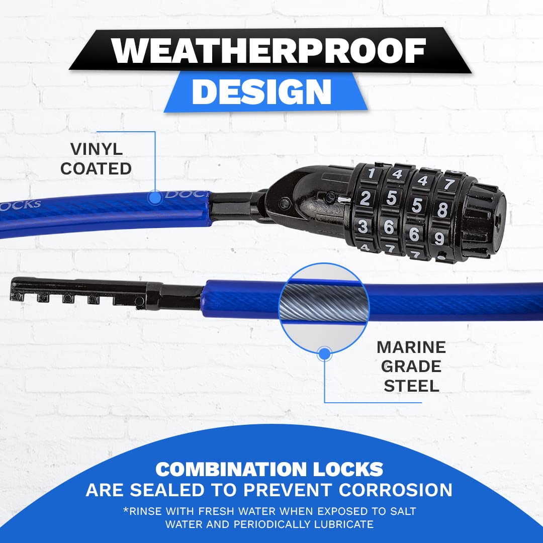 DocksLocks Weatherproof Straight Security Cable Lock (5ft to 25ft Lengths) with Resettable Combination, Anti-Theft Protection for Kayak, Bike, Paddleboard, Scooter, Equipment, Bicycles and More 10ft