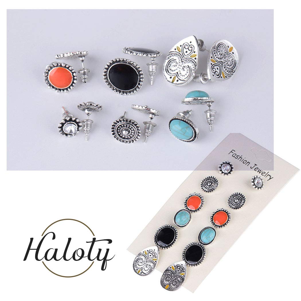 Haloty 6 Pairs Boho Turquoise Earring Set Vintage Colorful Stud Halloween Earring Jewelry for Women and Girls