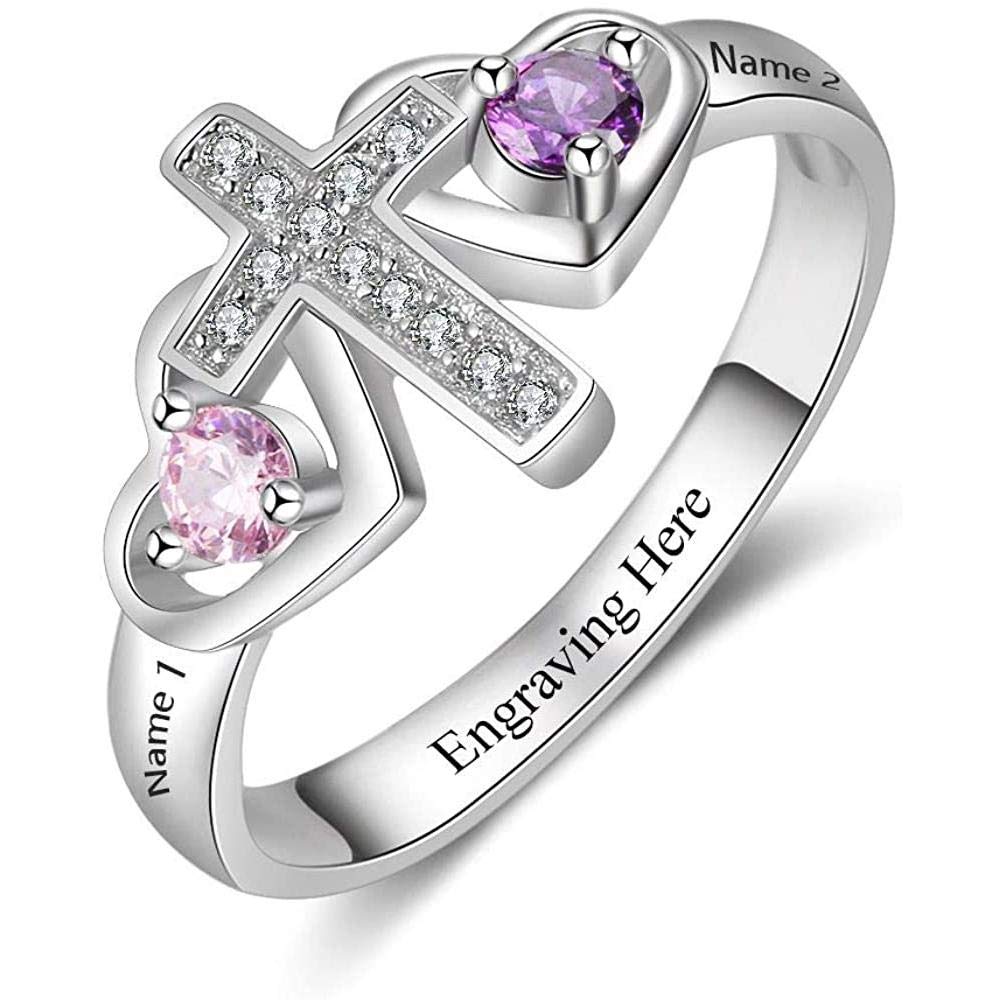 UCADRIT Personalized Cross Rings with 2 Simulated Birthstones 925 Sterling Silver Promise Customize Mother Name Ring Family Jewelry for Women (Name Ring-3)