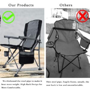 MaiuFun Portable Camping Chair Folding Heavy Duty Quad Outdoor Large Chairs Support 330 lbs High Back Padded Thicken Oxford with Armrests, Storage Bag, Cup Holder, Carry Bag for Outside(Grey)