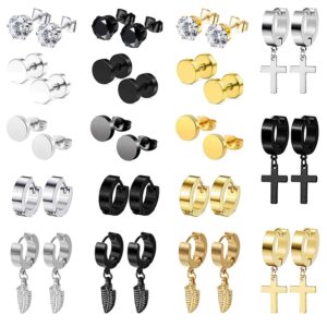 aroncent 18 pairs stud earrings cross dangle earrings fake gauges earrings feather huggie hoop earrings for men women stainless steel earring set