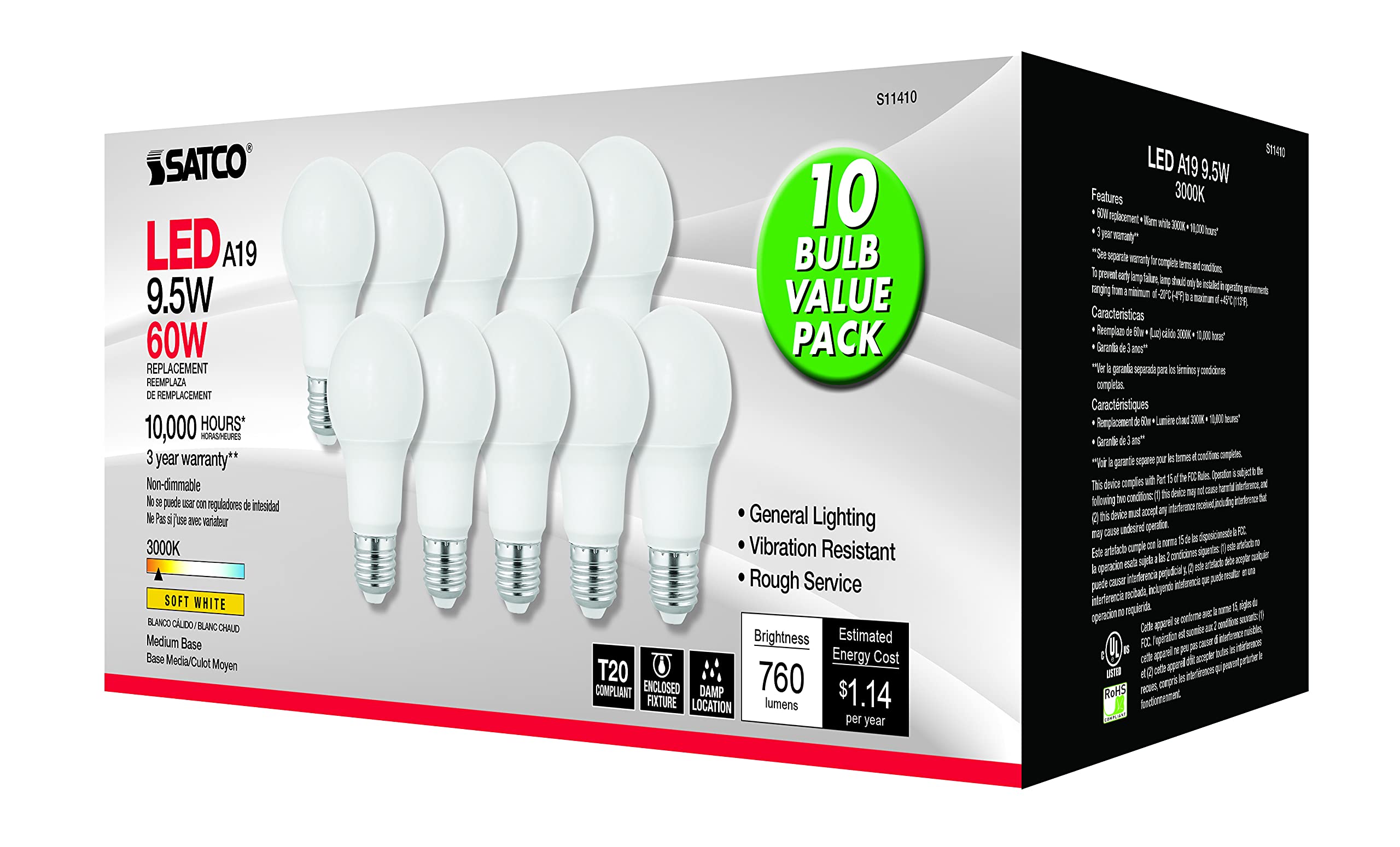 Satco S11410 9.5-Watt A19 LED Light Bulbs, 60-Watt Replacement, 3000K Warm White, 760 Lumens, 10 Pack