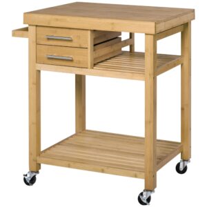 homcom bamboo kitchen island cart on wheels, utility trolley cart with 2 storage drawers and open shelves, natural