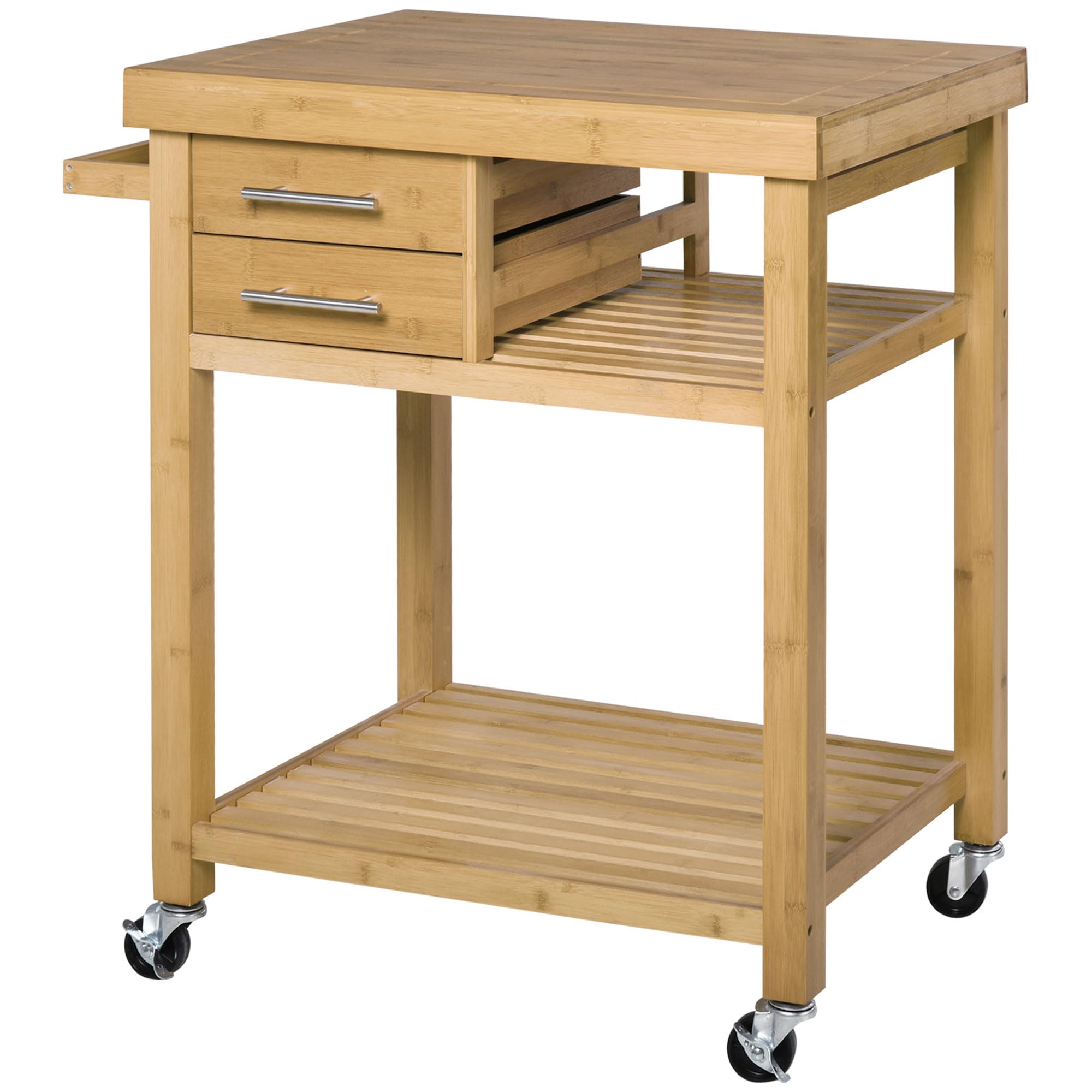 HOMCOM Bamboo Kitchen Island Cart on Wheels, Utility Trolley Cart with 2 Storage Drawers and Open Shelves, Natural