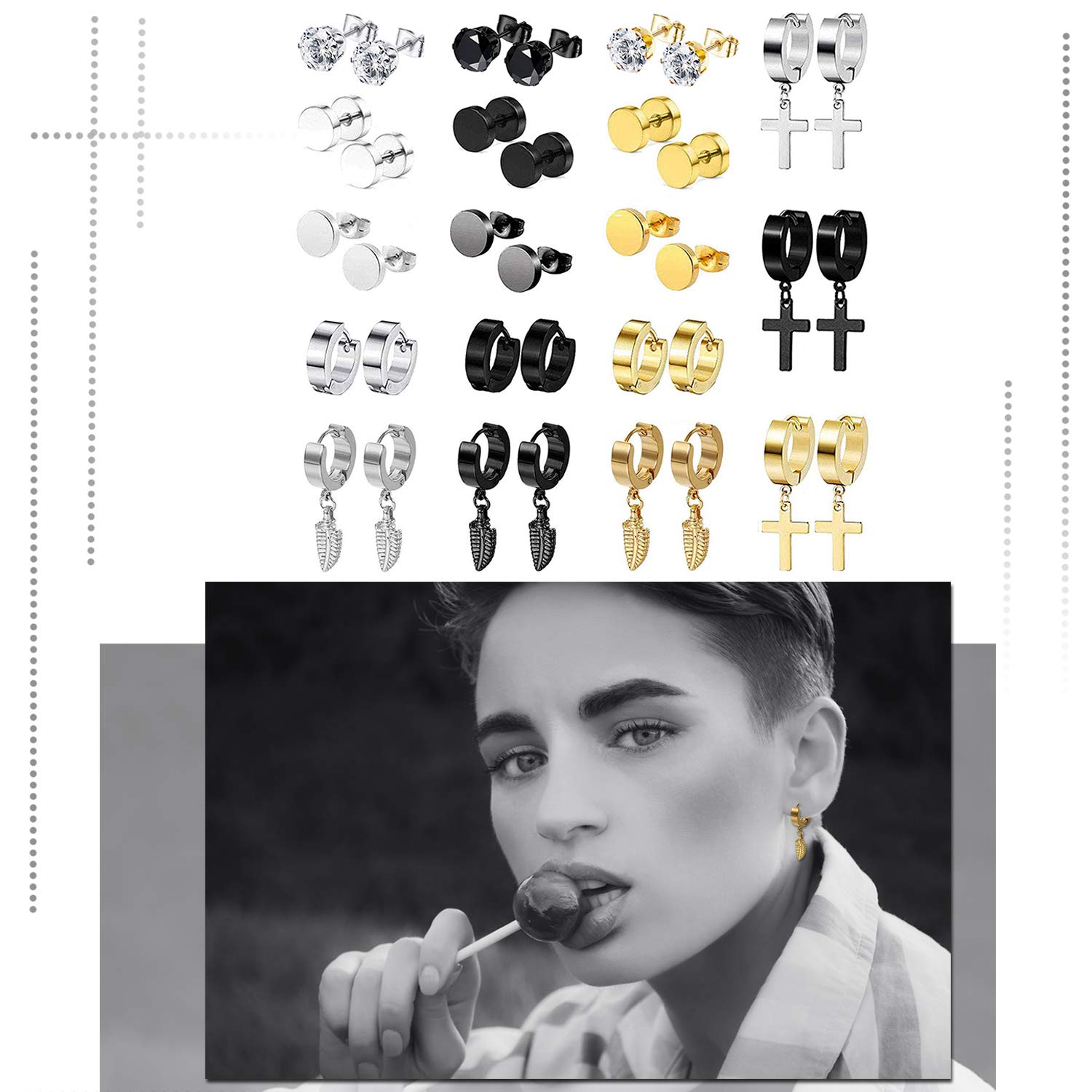 Aroncent 18 Pairs Stud Earrings Cross Dangle Earrings Fake Gauges Earrings Feather Huggie Hoop Earrings for Men Women Stainless Steel Earring Set