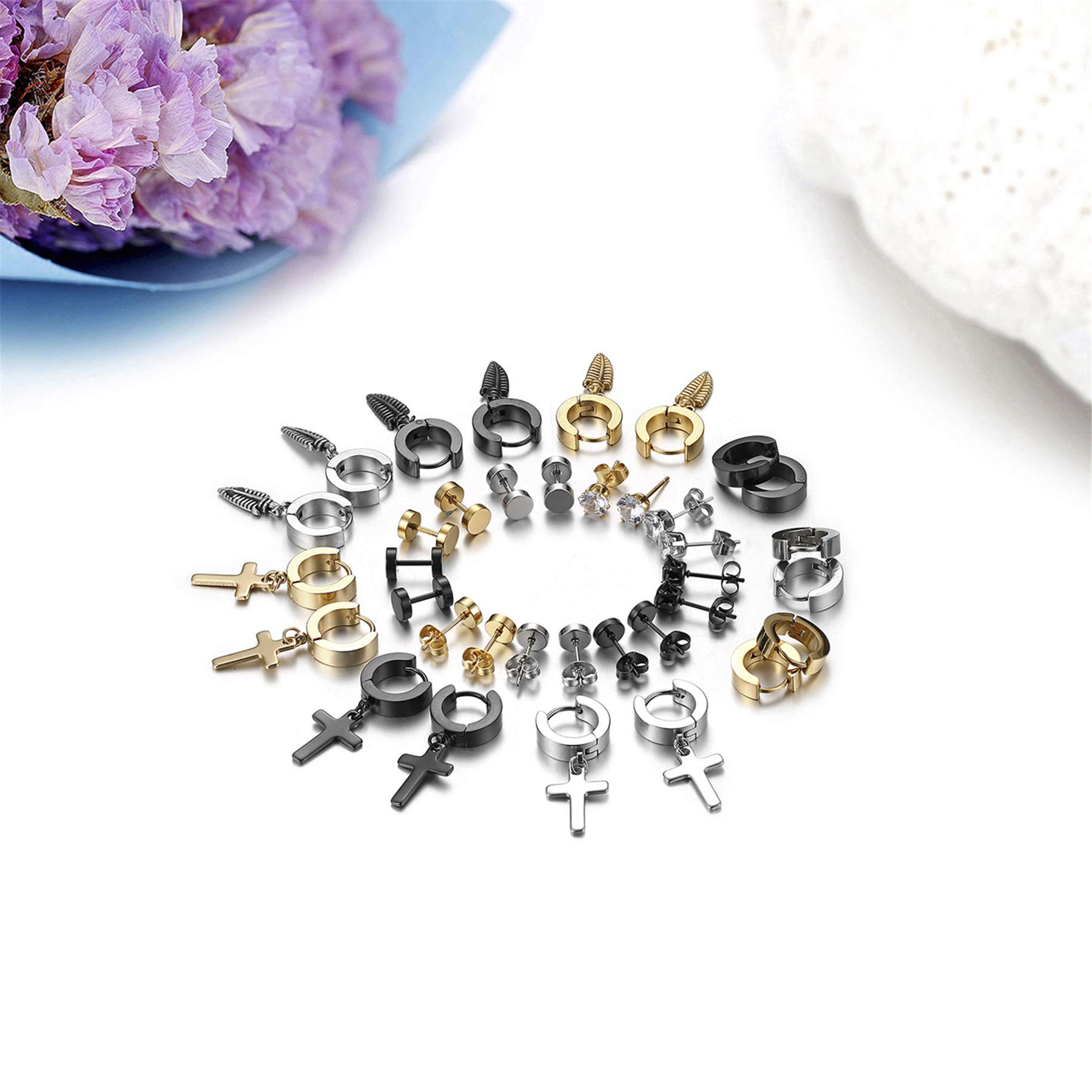 Aroncent 18 Pairs Stud Earrings Cross Dangle Earrings Fake Gauges Earrings Feather Huggie Hoop Earrings for Men Women Stainless Steel Earring Set