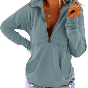 Floral Find Women's Long Sleeve Lapel Half Zip Up Sweatshirt Solid Stylish Loose Fit Casual Pullover Tops Mint Green