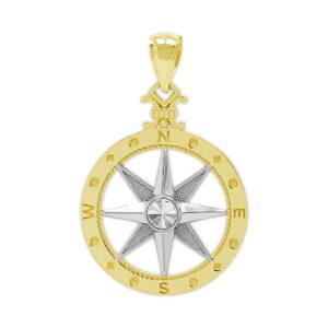 charm america - gold two-tone compass charm - 10 karat solid gold - nautical jewelry pendant (small)