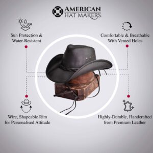 American Hat Makers Hollywood Leather Cowboy Hat for Men & Women — 100% Handcrafted Fine Leather Hat — Breathable Black Cowboy Hat