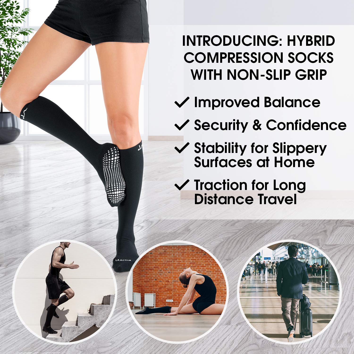 LA ACTIVE Graduated Compression Socks with Non-Slip Grips for Safety - 20-30mmHg for Women & Men - Perfect for Travel, Recovery, Medical and Maternity Support (Black, Small)