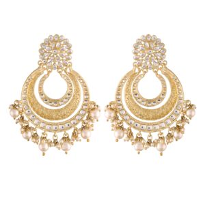 I Jewels 18K Gold Plated Indian Wedding Bollywood Matte Finish Kundan & Faux Pearl Bridal Chandbali Earrings with Maang Tikka Set for Women (TE2860FL)