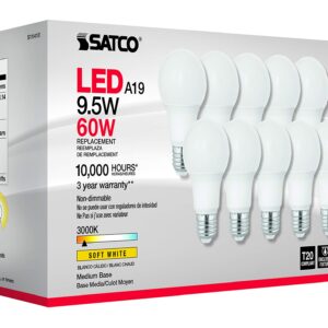 Satco S11410 9.5-Watt A19 LED Light Bulbs, 60-Watt Replacement, 3000K Warm White, 760 Lumens, 10 Pack