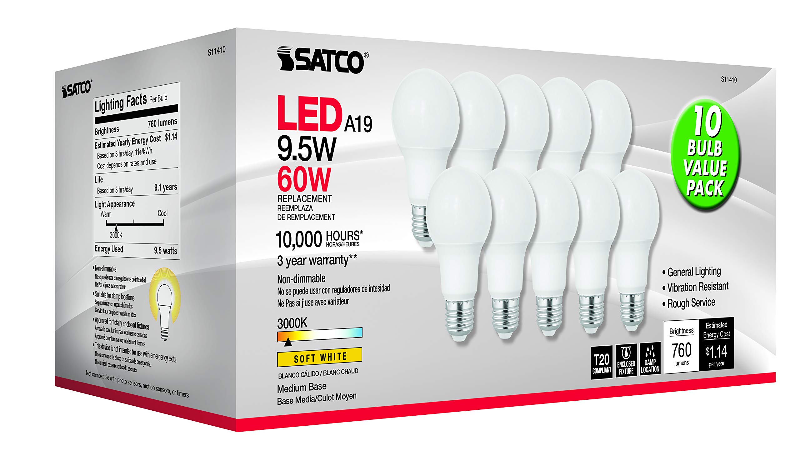 Satco S11410 9.5-Watt A19 LED Light Bulbs, 60-Watt Replacement, 3000K Warm White, 760 Lumens, 10 Pack